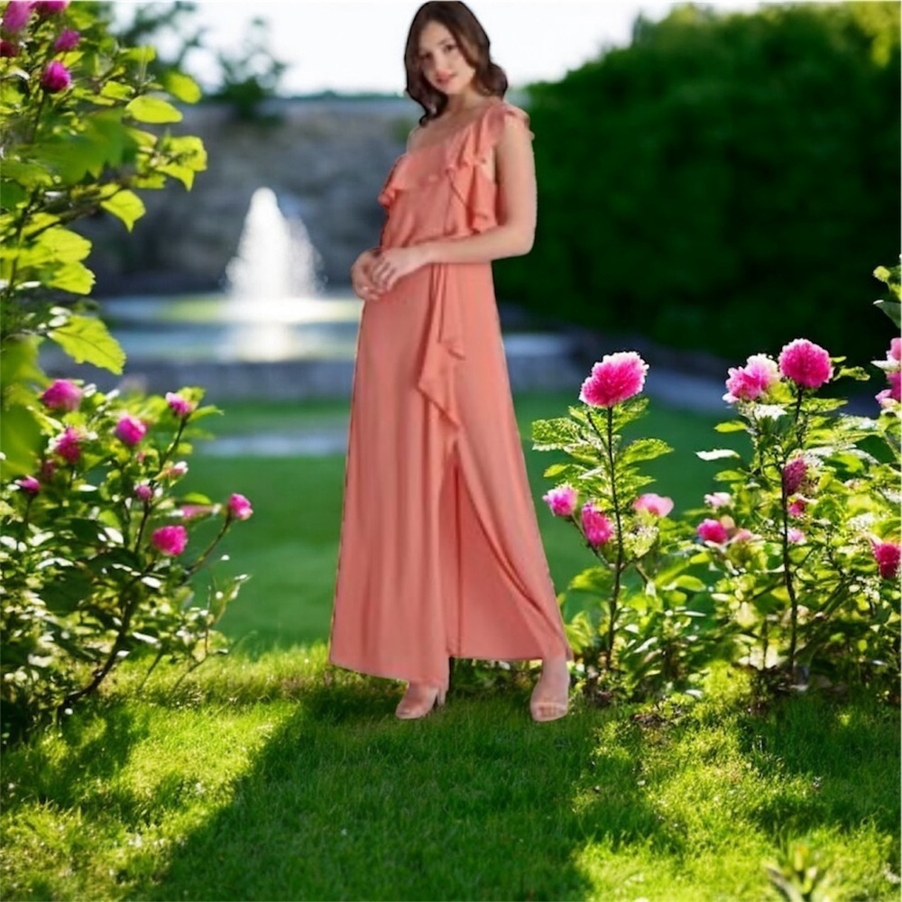 BCBGMAXAZRIA Dahlia Women’s Ruffled 1 Shoulder Front Slit Gown rose blush color